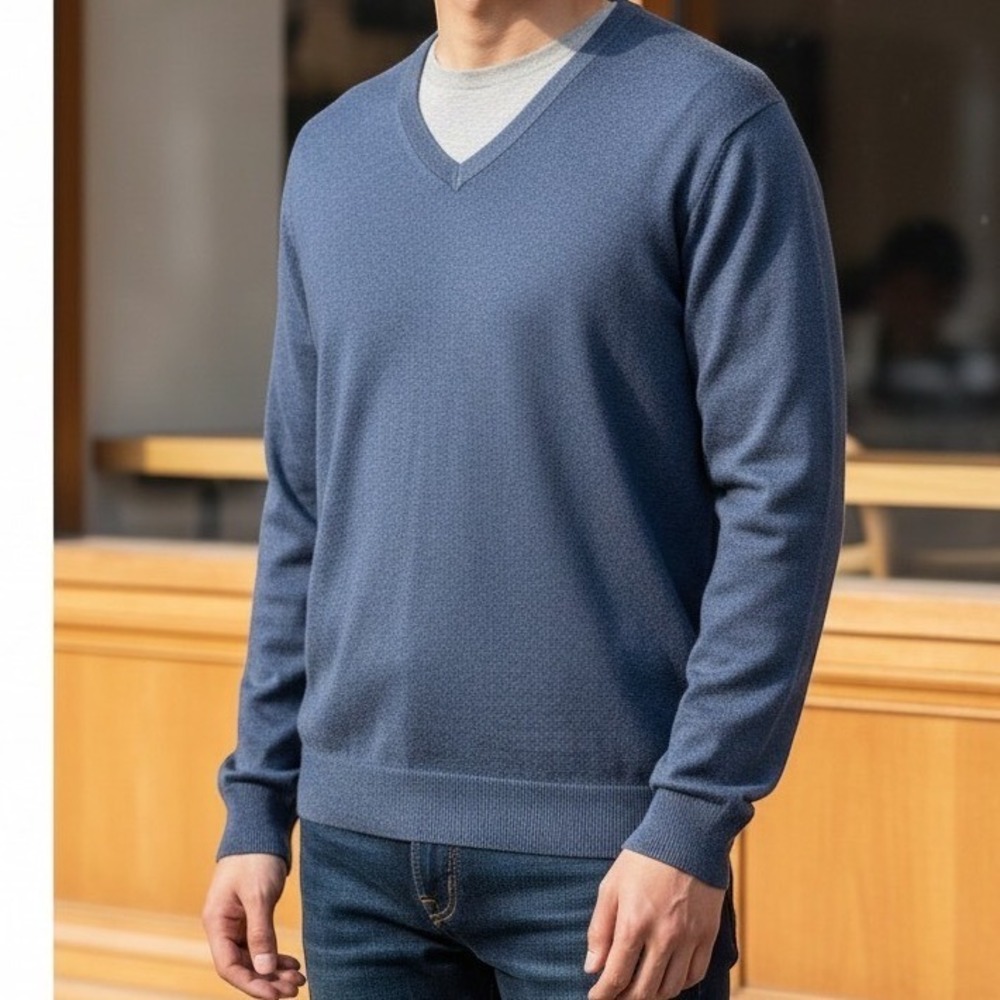 Banana Republic V-Neck Sweater Mens L Blue Excellent Silk Cashmere Blend Knit